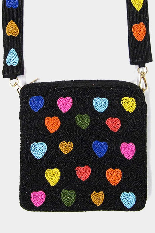 Rainbow Heart Seed Beaded Bag