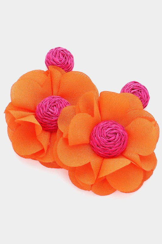 Raffia Petal Flower Earrings: Orange