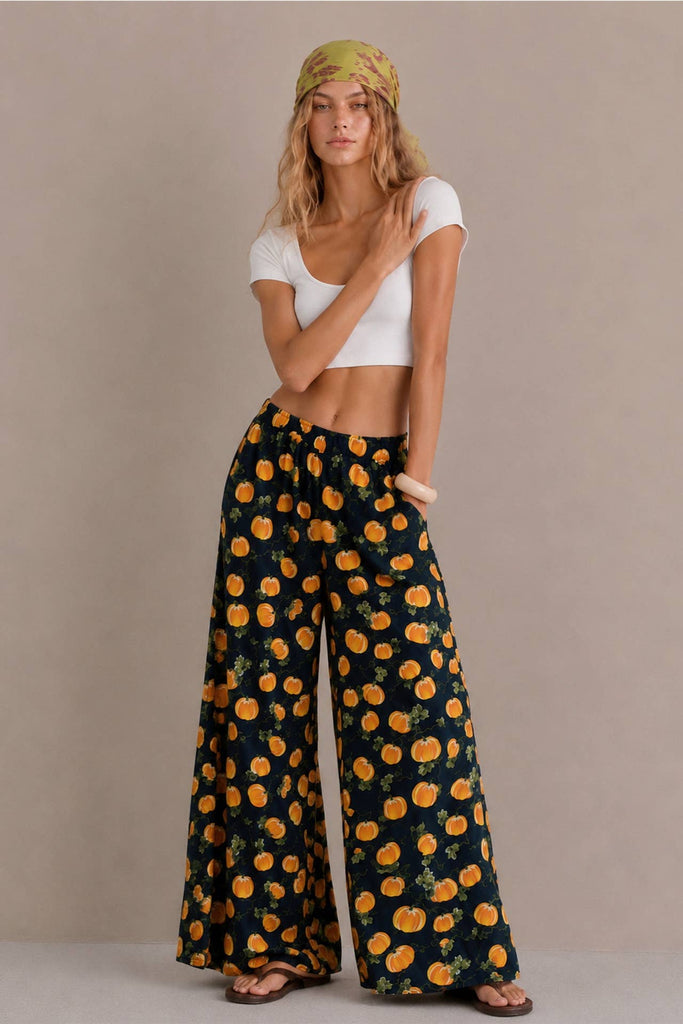 Pumpkin Print Wide Leg Pants
