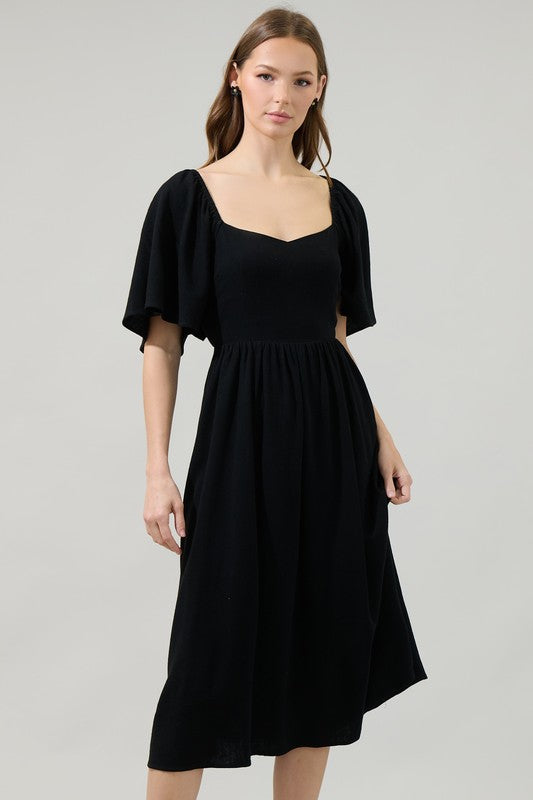 San Tropez Flutter Sleeve Dress: Black