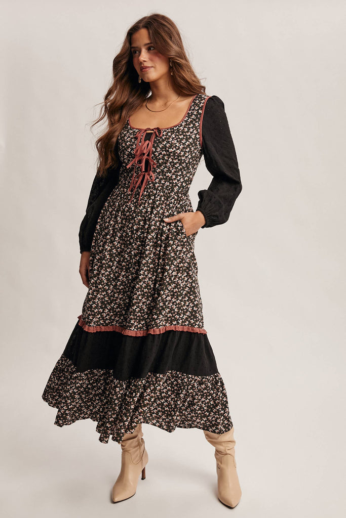 Floral Patchwork Lace-Up Maxi Dress