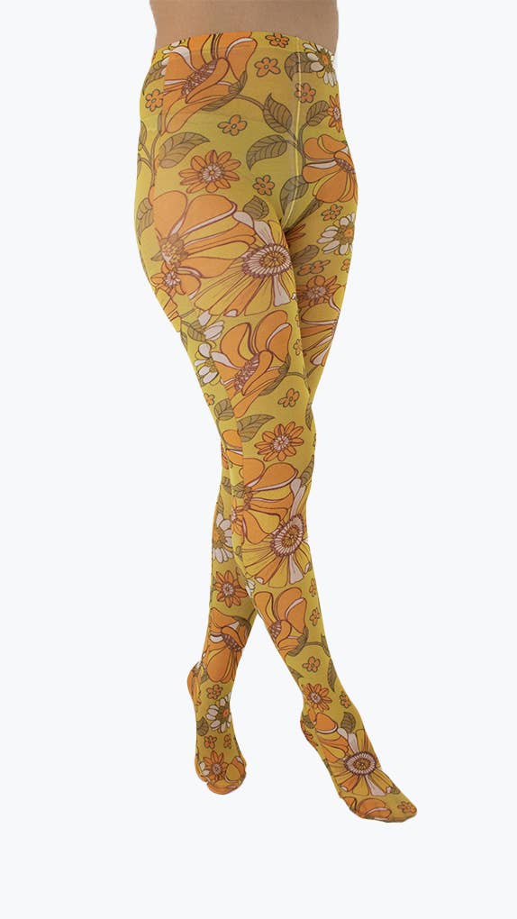 Throwback Floral Printed Tights Mustard: One Size