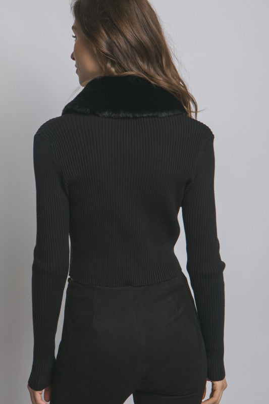 Fluffy Collar Cardigan: Black