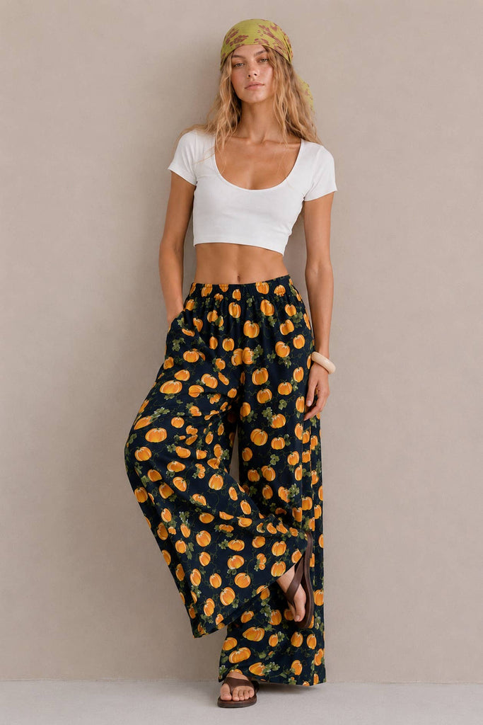 Pumpkin Print Wide Leg Pants