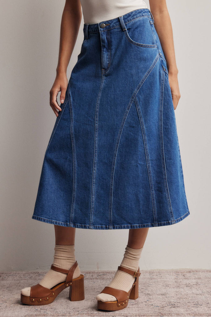 Paneled A-Line Stretch Denim Skirt