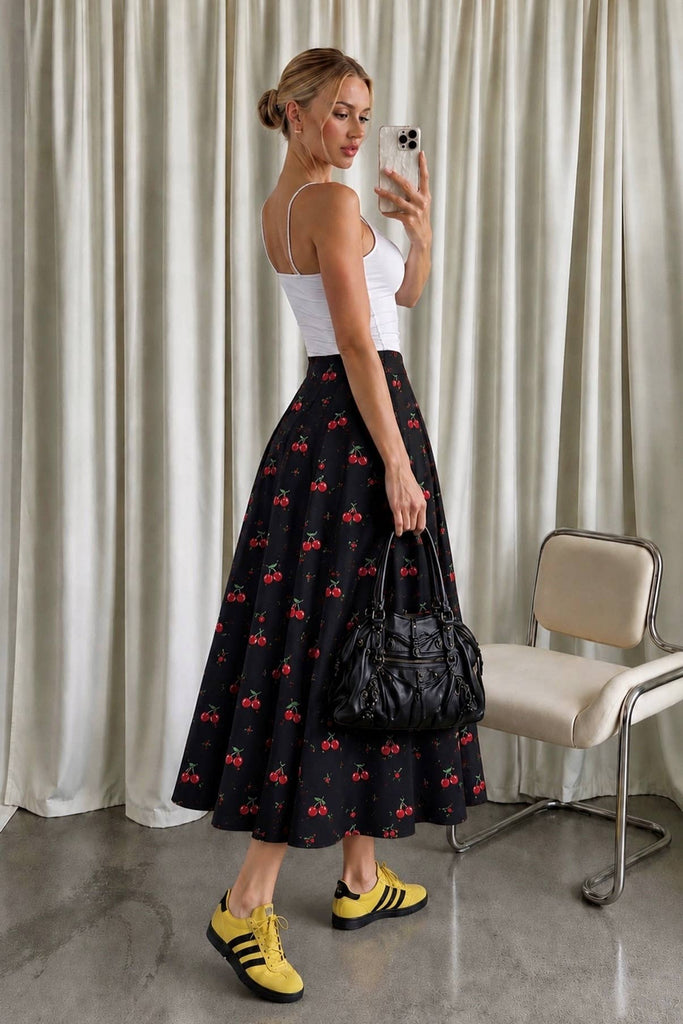 Cherry Flare Midi Skirt