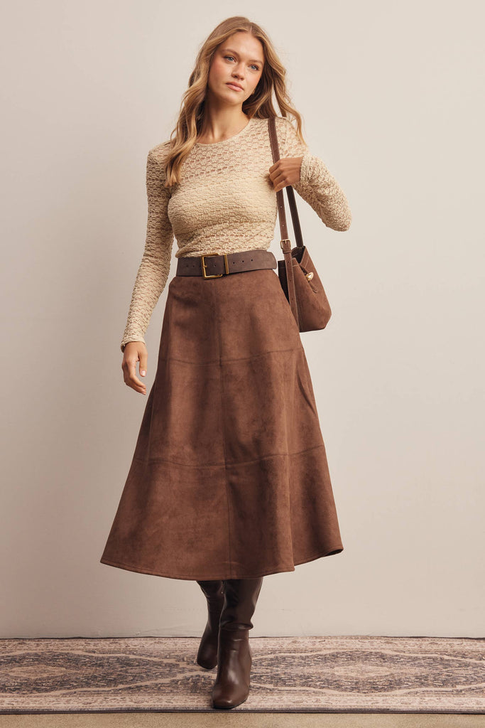 Stretch Suede A-Line Midi Skirt: Mocha