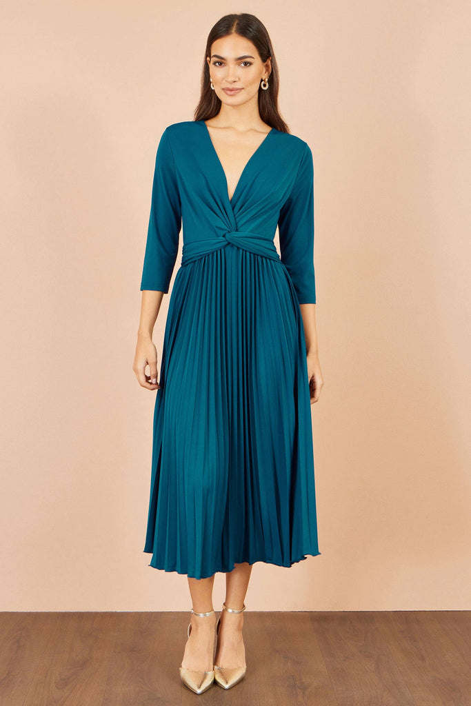 Teal Stretch Pleated Midi Dress