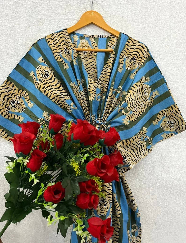 Leopard Print Cotton Caftan: Blue
