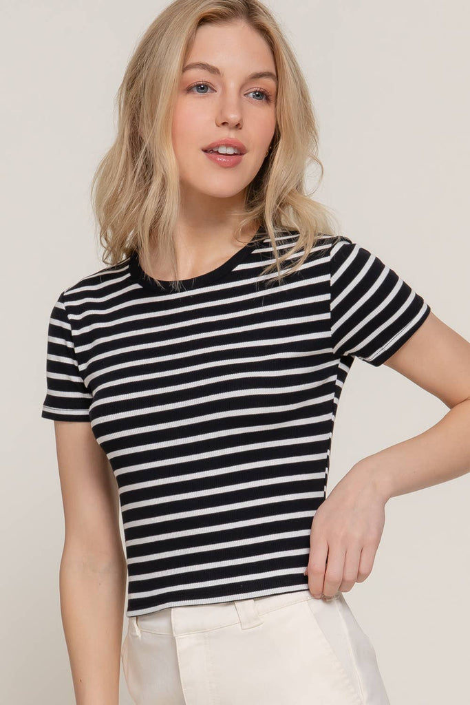 Rib Crew Neck Striped Top