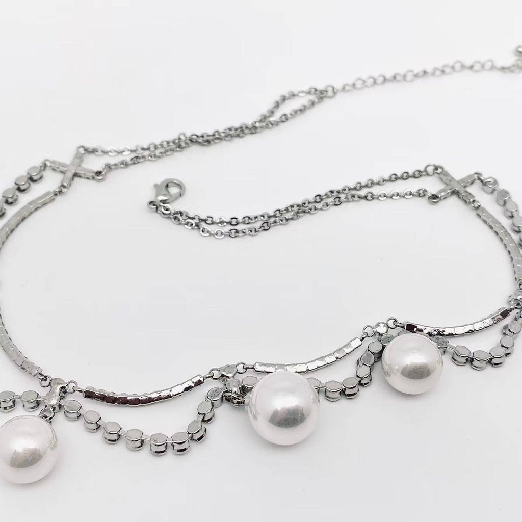 Pearl Pendant Inlaid Rhinestone Double Chain Choker Necklace