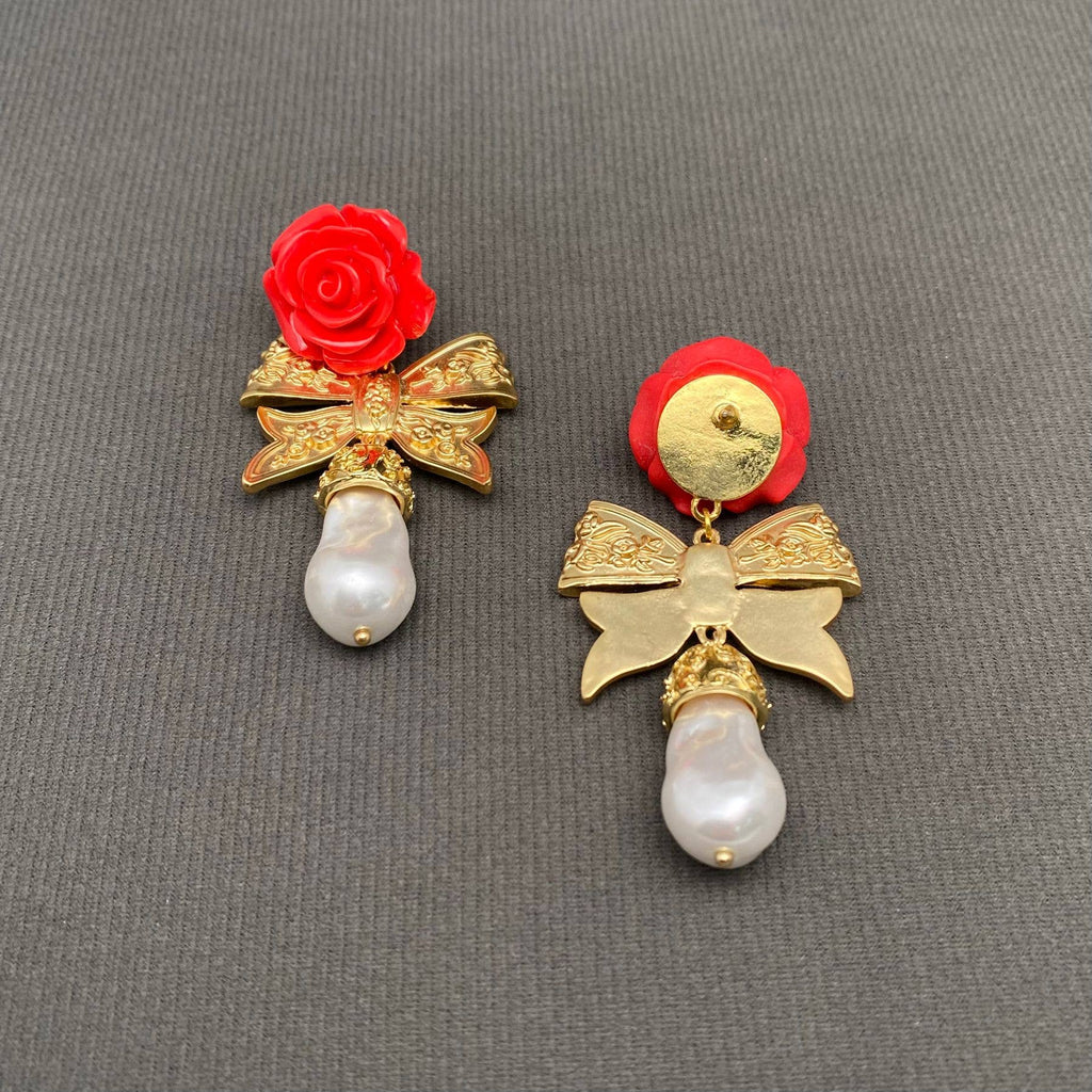 Vintage Golden Bow Rose Earrings