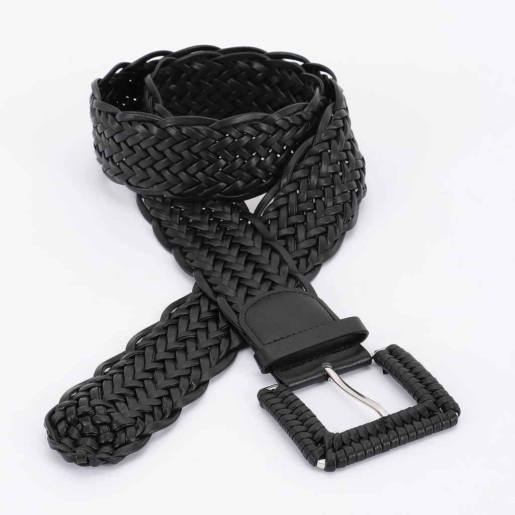 Braided Vegan Leather Buckle Belt: Black