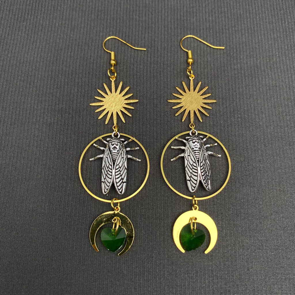 Moon Star Cicada Dangle Earrings