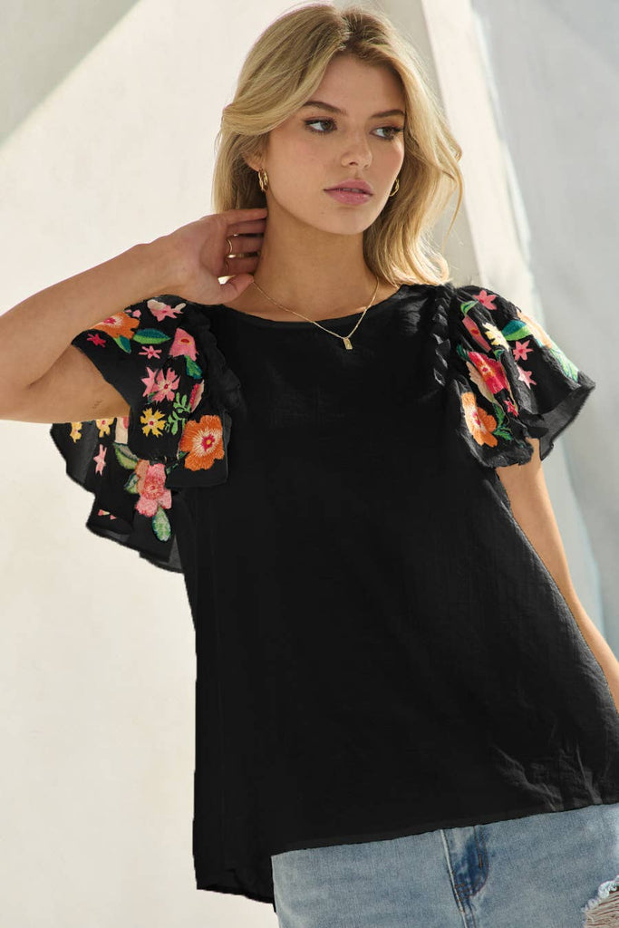 Embroidered Flutter Sleeve Blouse