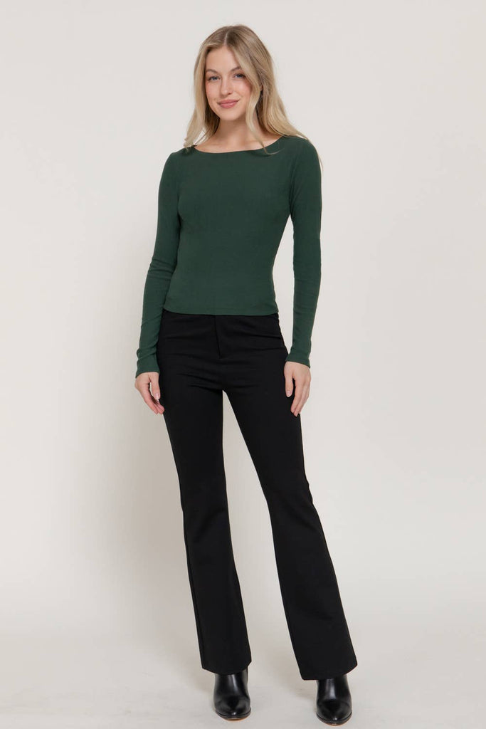 Boat Neck Brushed Rib Knit Top: Forest