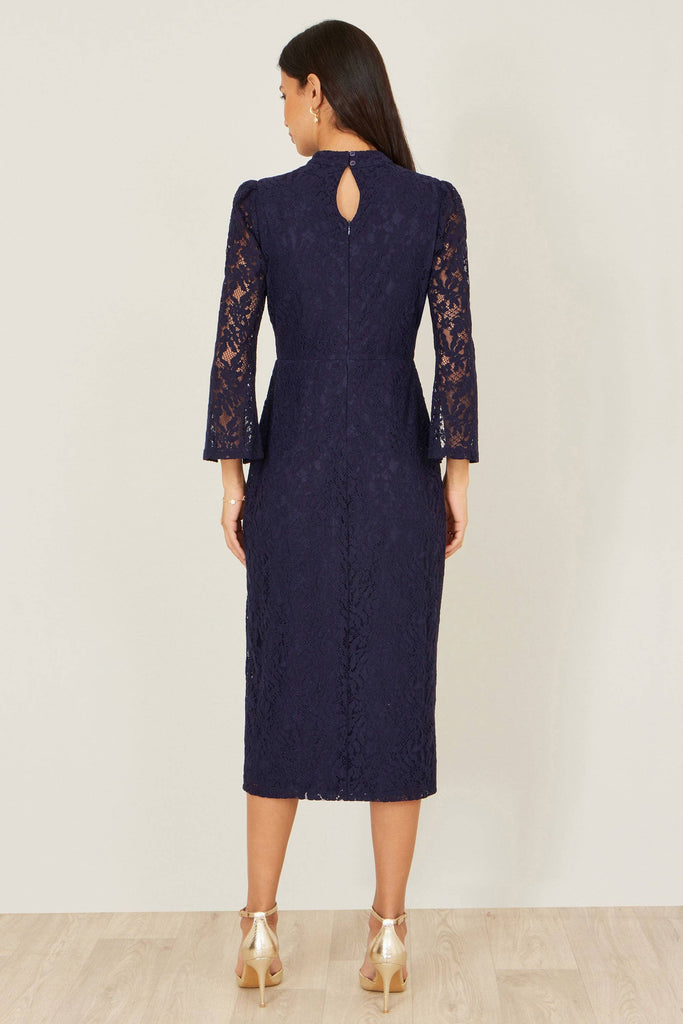 Lace Fitted Midi Dress With Flute Sleeves: Navy
