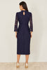 Lace Fitted Midi Dress With Flute Sleeves: Navy