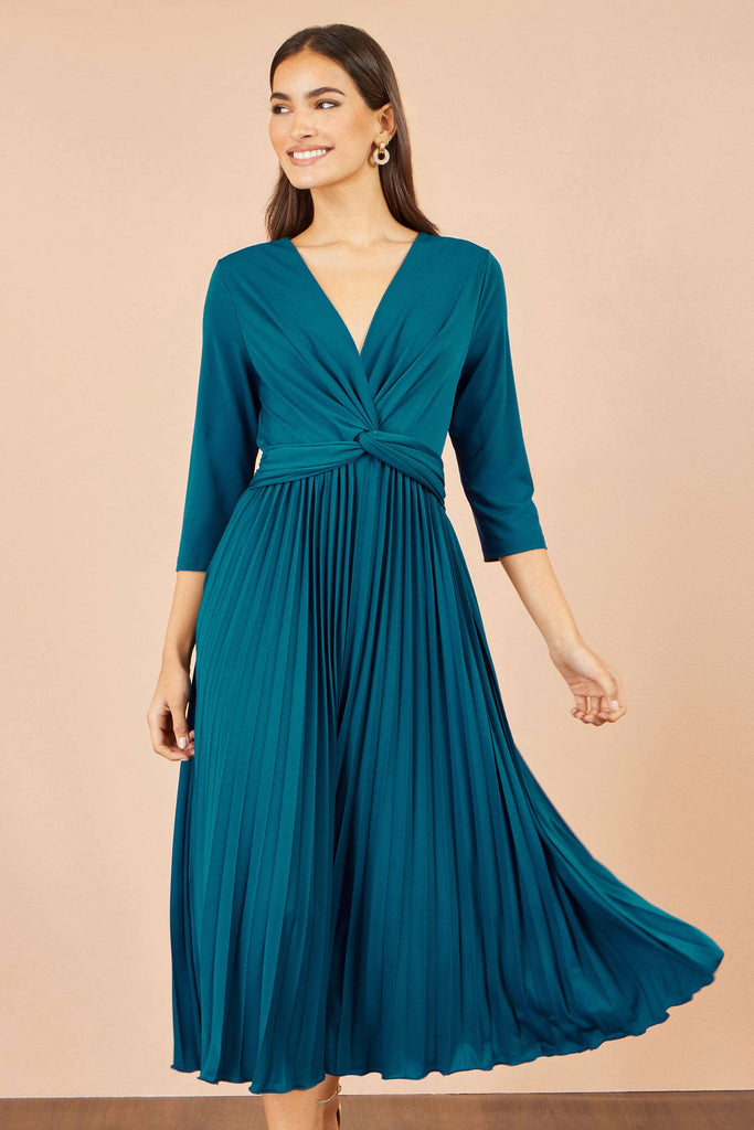 Teal Stretch Pleated Midi Dress