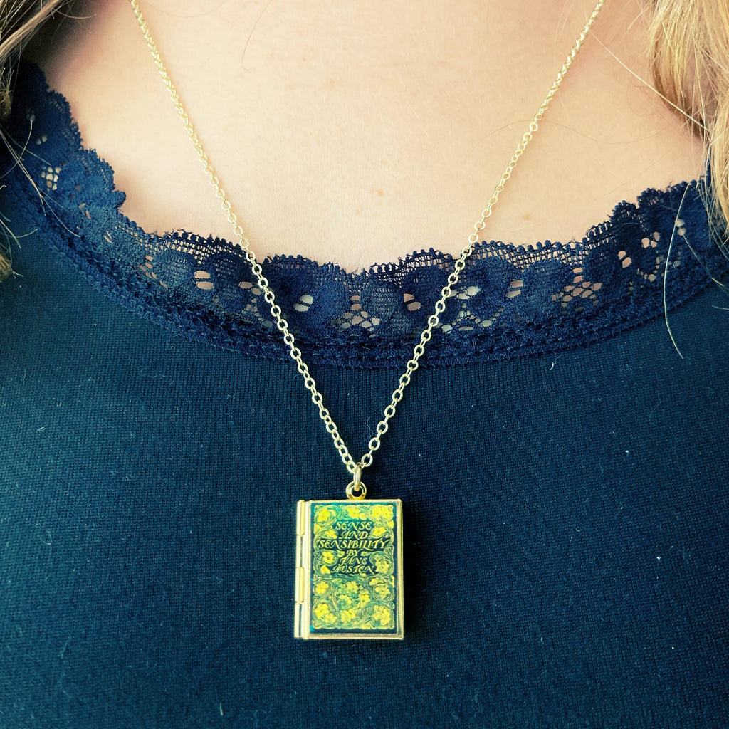 Book Locket Necklace - Sense and Sensibility - Vintage Green: Brass