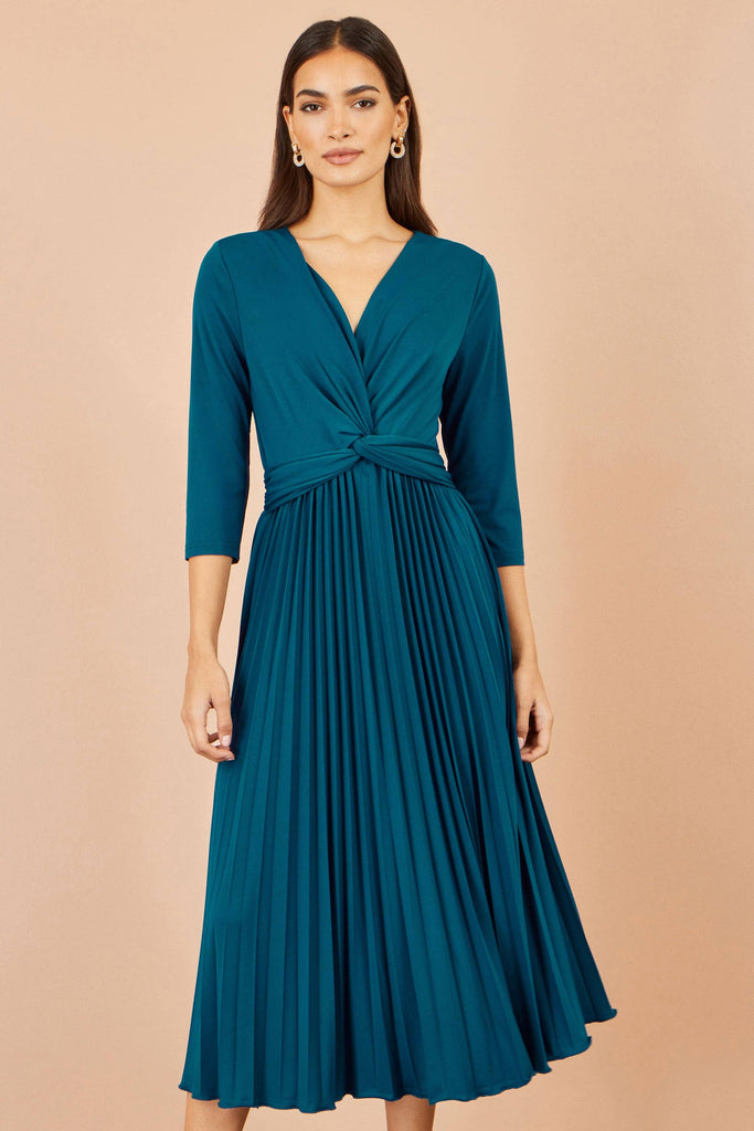 Teal Stretch Pleated Midi Dress