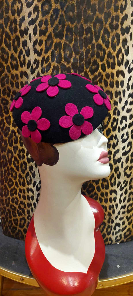 Pink Felt Floral Pill Box Hat