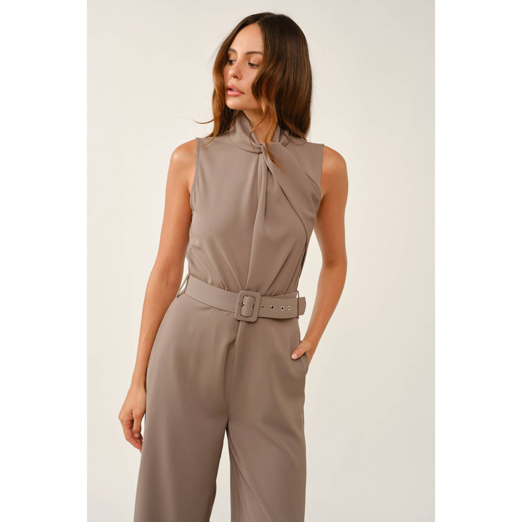 Rich Rust Sleeveless Belted Jumpsuit: