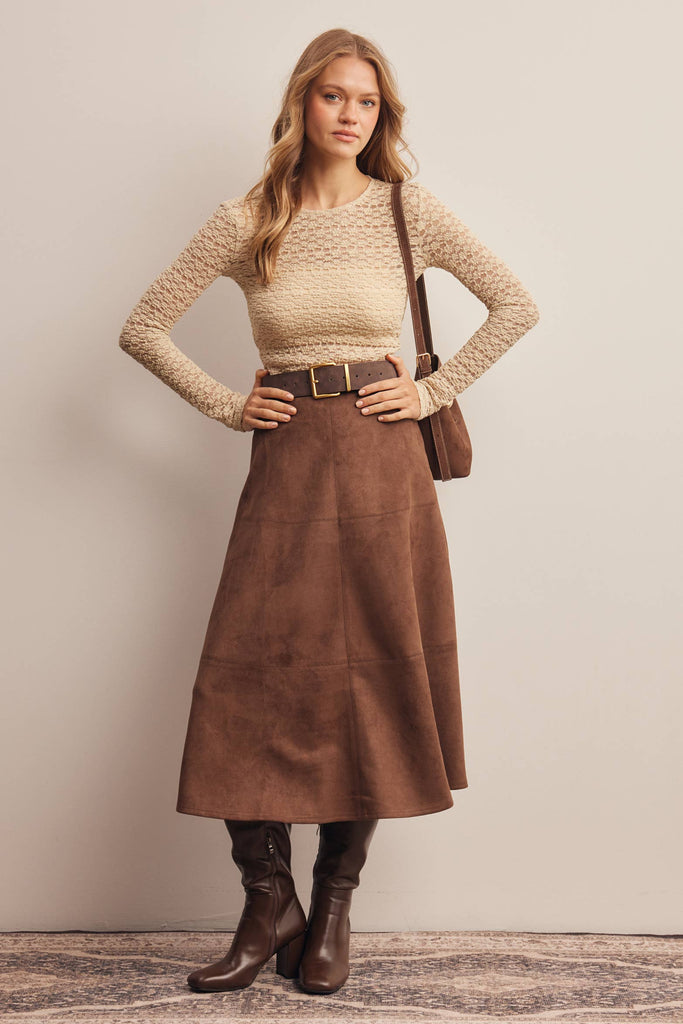 Stretch Suede A-Line Midi Skirt: Mocha