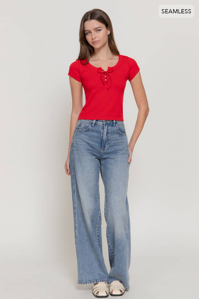 Lace-Up Waffle Knit Tee: Red