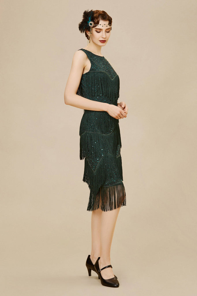 Dark Green Glitter Fringe Bias Hem Dress