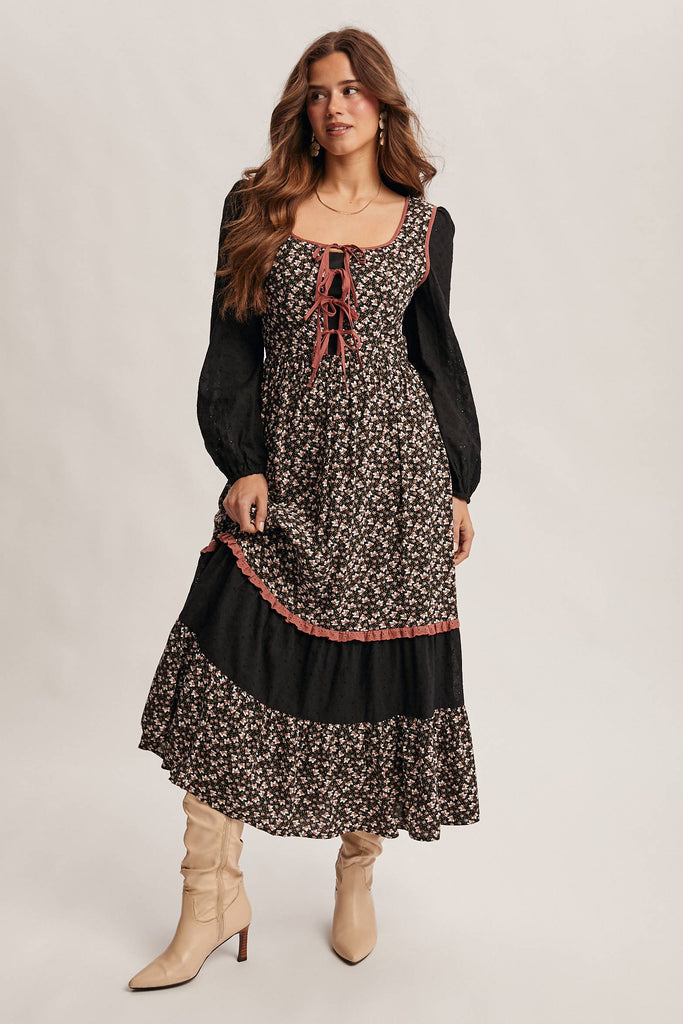 Floral Patchwork Lace-Up Maxi Dress