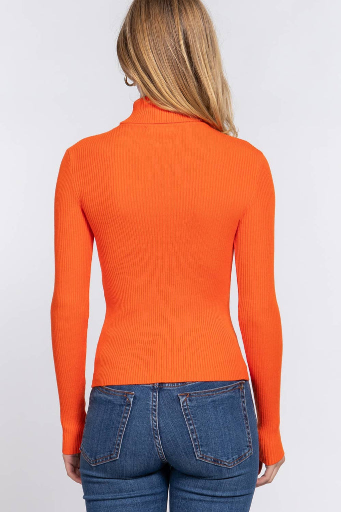 Turtle Neck Fitted Viscose Rib Sweater: Orange