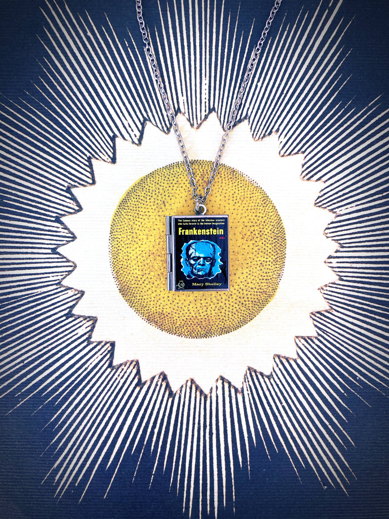 Book Locket Necklace - Frankenstein - Blue Portrait: Stainless Steel