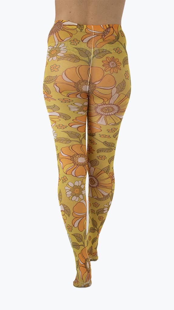 Throwback Floral Printed Tights Mustard: One Size