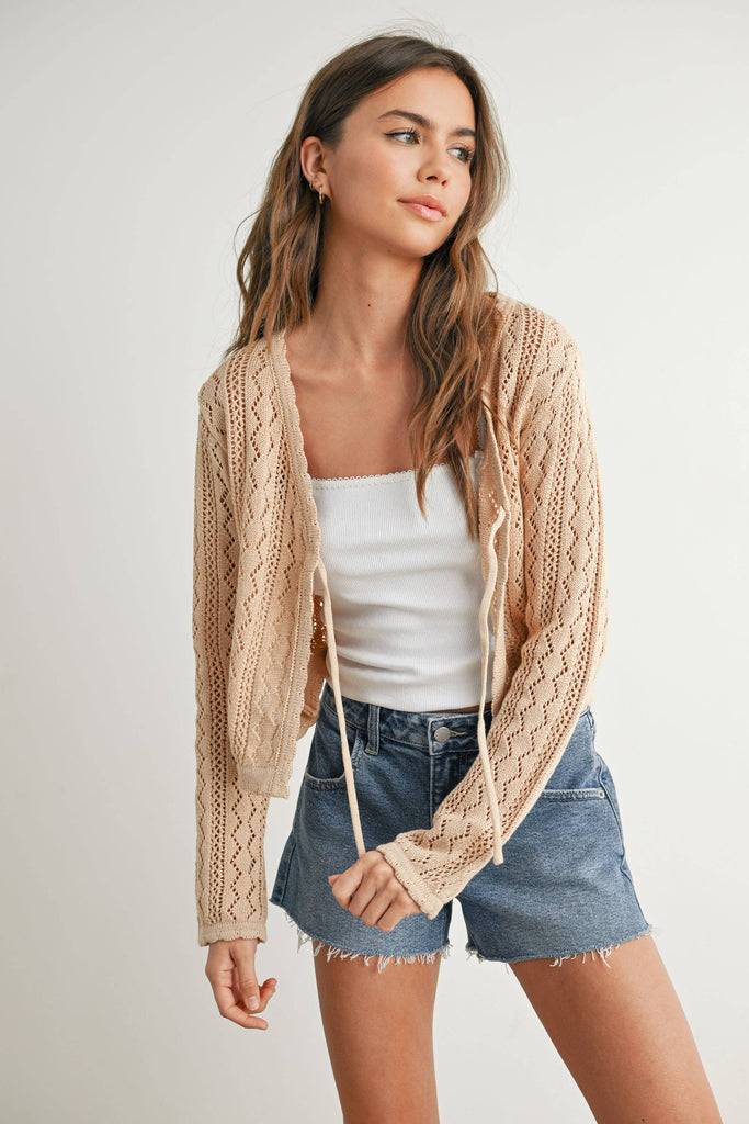 Cotton Crochet Tie-Front Cardigan: Taupe