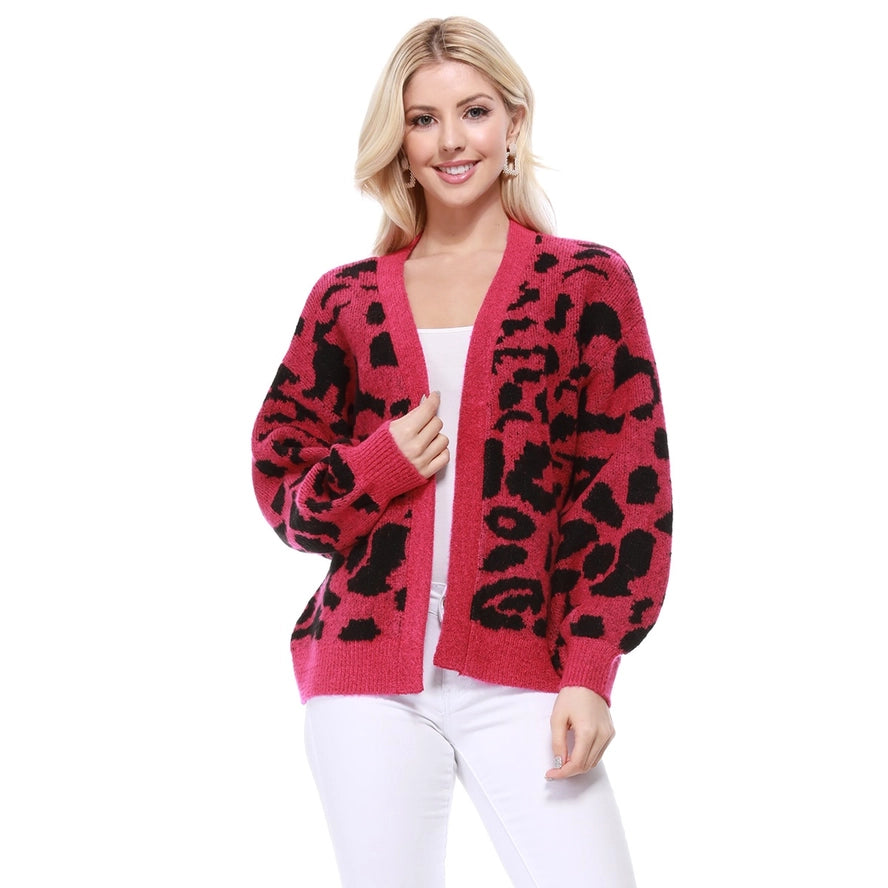Leopard Open Front Cardigan: Magenta