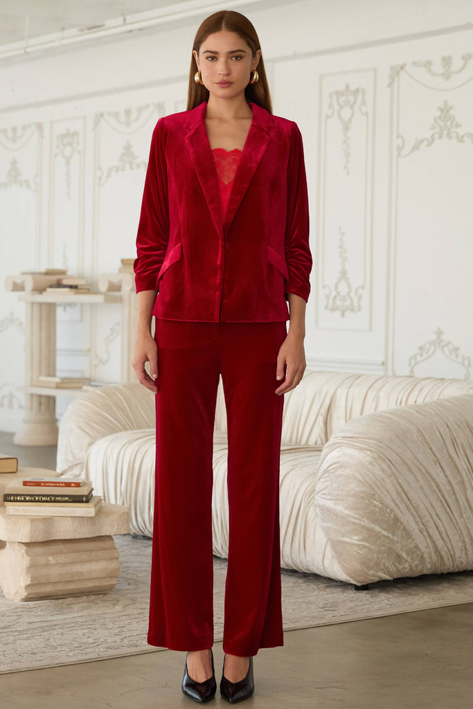 Velvet Blazer with Ruched Sleeves: Red