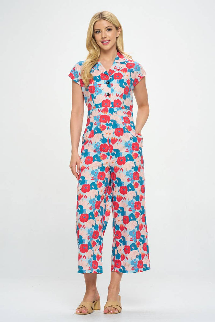Floral Print Retro Jumpsuit: S