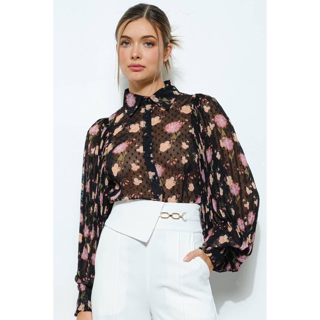 Floral Pleated Sleeve Blouse Top