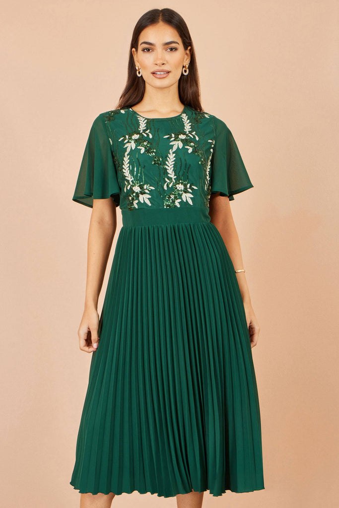 Green Sequin Embroidered Pleated Dress