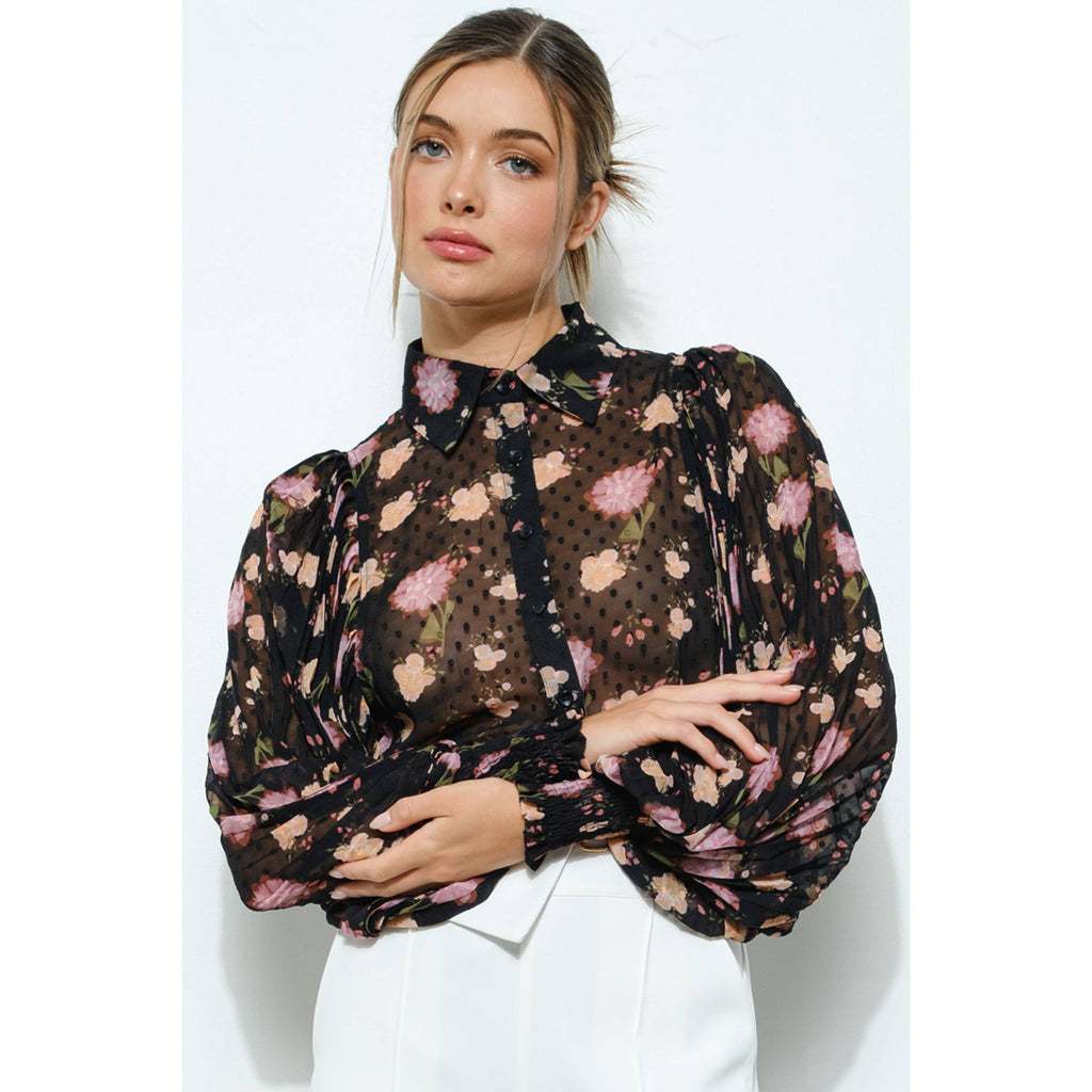 Floral Pleated Sleeve Blouse Top