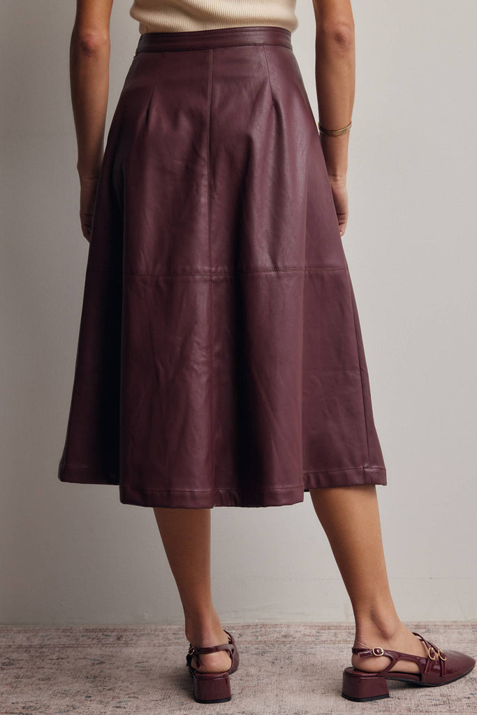 Faux Leather A-Line Midi Skirt: Burgundy