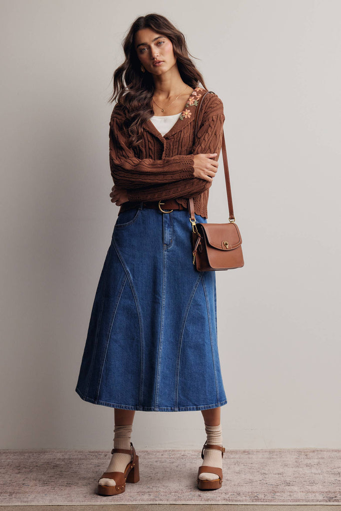 Paneled A-Line Stretch Denim Skirt