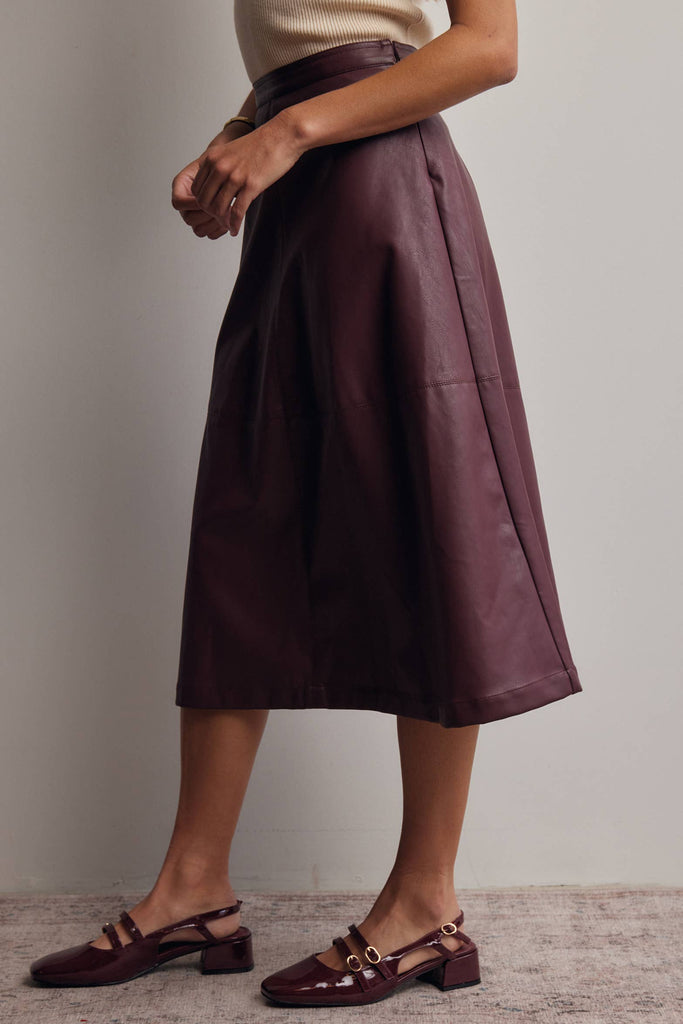Faux Leather A-Line Midi Skirt: Burgundy