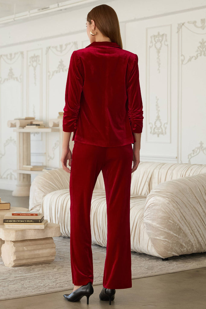 Velvet Blazer with Ruched Sleeves: Red