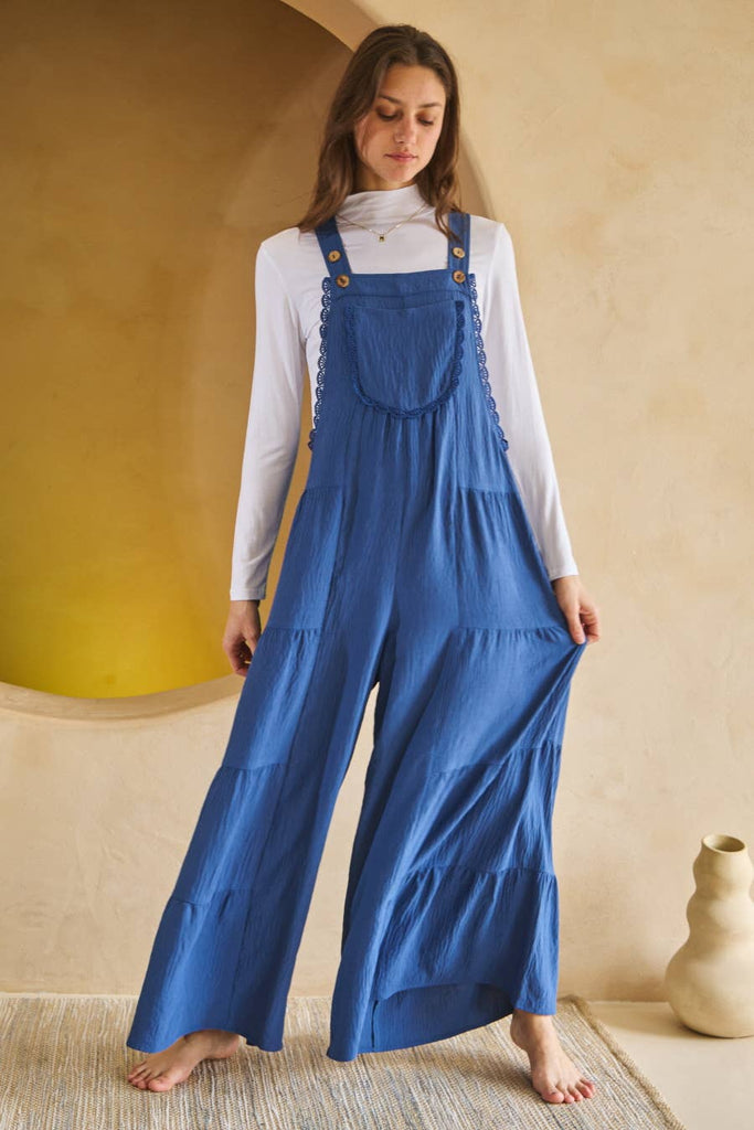 Tiered Wide Leg Overalls:  Blue