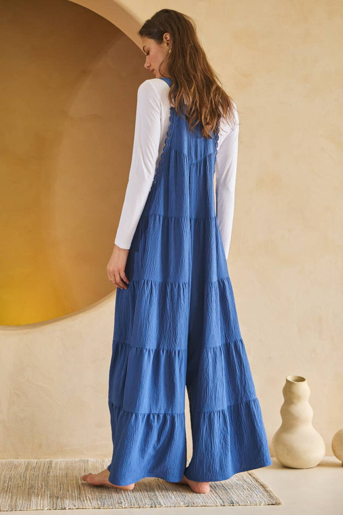 Tiered Wide Leg Overalls:  Blue