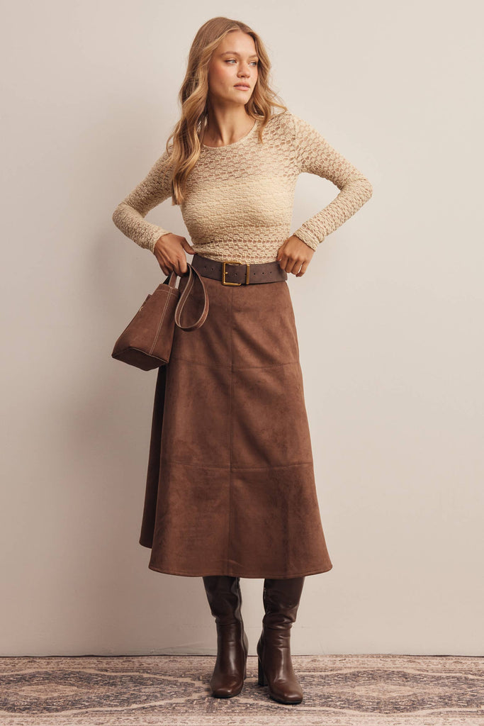 Stretch Suede A-Line Midi Skirt: Mocha
