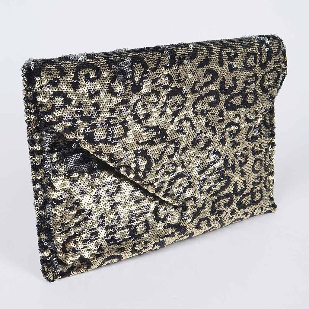 Sequin Leopard Clutch: Gold