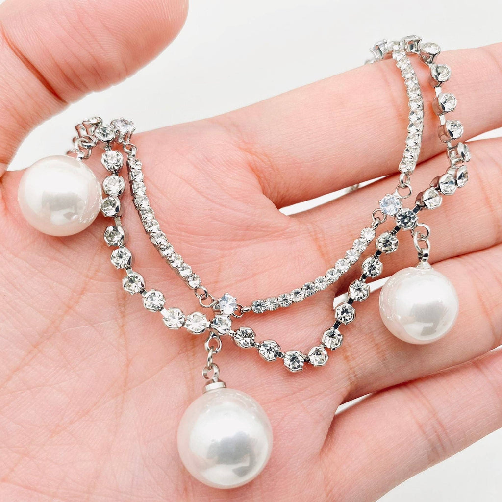 Pearl Pendant Inlaid Rhinestone Double Chain Choker Necklace